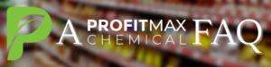 A thin rectangular shaped blurred out supermarket shelf background with a watermark of the ProfitMax Chemical P to the far left side of the image. In the center in a large white text, it reads A ProfitMax Chemical FAQ.