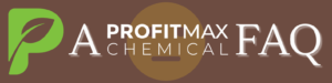 A long brown rectangle shape with a yellow stencil face with two holes for the eyes and a straight lip, not smiling expression in the middle as a water mark in the background. To the left is the ProfitMax Chemical P logo in Green and then white text across the middle that reads A ProfitMax Chemical FAQ.