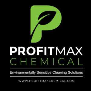 A large vertical ProfitMax Chemical logo on a black background.. The Green P is on the top of the image and beneath it is the text ProfitMax in white with the text Chemical in green beneath that. Under that is a line and the tagline in text in white that reads Environmentally Sensitive Cleaning Solutions. Then a line under the tagline and the text that has the website in white text that reads www.profitmaxchemical.com.