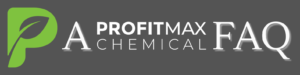 Una forma de rectángulo gris largo para un gráfico de pie de página. A la izquierda está el logotipo de ProfitMax Chemical P en verde y luego un texto blanco en el medio que dice A ProfitMax Chemical FAQ.