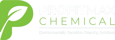 A transparent footer image the the Green P logo with the leaf in the middle of it. To the right of the top of the leaf is text in white that reads ProfitMax and right underneath in green text is the word chemical. Then a line beneath the word chemical and the tagline in a white text that reads Environmentally Sensitive Cleaning Solutions.