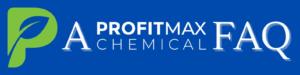 Un fondo azul de forma rectangular delgada con una marca de agua de ProfitMax Chemical P en el extremo izquierdo de la imagen. En el centro, en un texto grande en blanco, se lee A ProfitMax Chemical FAQ.