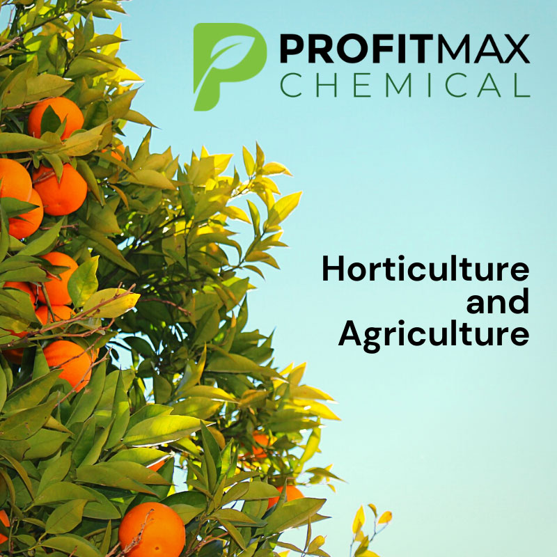 A light blue sky to the right with the ProfitMax Chemical Logo P on the top of the image. To the right is the text that reads ProfitMax Chemical. Beneath it in a black text, it reads Horticulture and Agriculture. To the reft is an orange tree shows many oranges growing inside of numerous green leaves and branches.