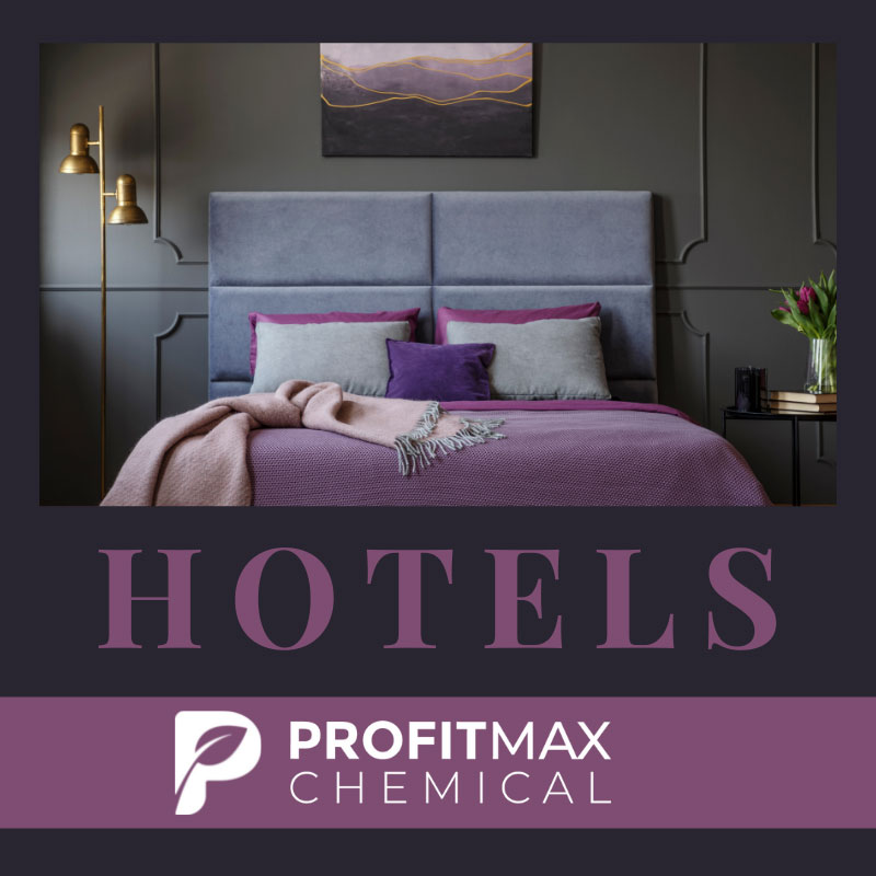A dark gray outline with a purple bar going across the bottom of the image with the logo and the typeset that read ProfitMax Chemical. Above it in large purple letters is the word hotels. In the center in an image of a bed in a hotel room. On the left side of the bed is a thin gold lamp stand with two lights. On the right side of the bed is a bedside table with a clock, a few books and a vase of flowers on it. Above the bed is a purple painting of mountains and the head board of the bed is gray. The back was is a darker gray and on the bed are two pillows with are purple and gray. With a pillow that is gray in the mingle. The sheets and the quality are also different shades of purple.