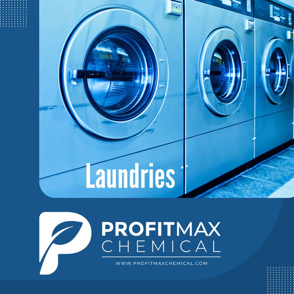 Un borde azul alrededor de tres lavadoras grandes de carga frontal con el texto lavanderías, así como el logotipo de ProfitMax Chemical, la fuente y el sitio web debajo que dice ProfitMaxChemical.com