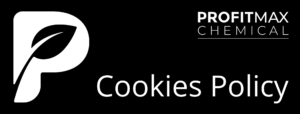A rectangle black image with the Logo P in white to the left. Then the text cookies policy and then in the upper corner in the text that reads ProfitMax Chemical.