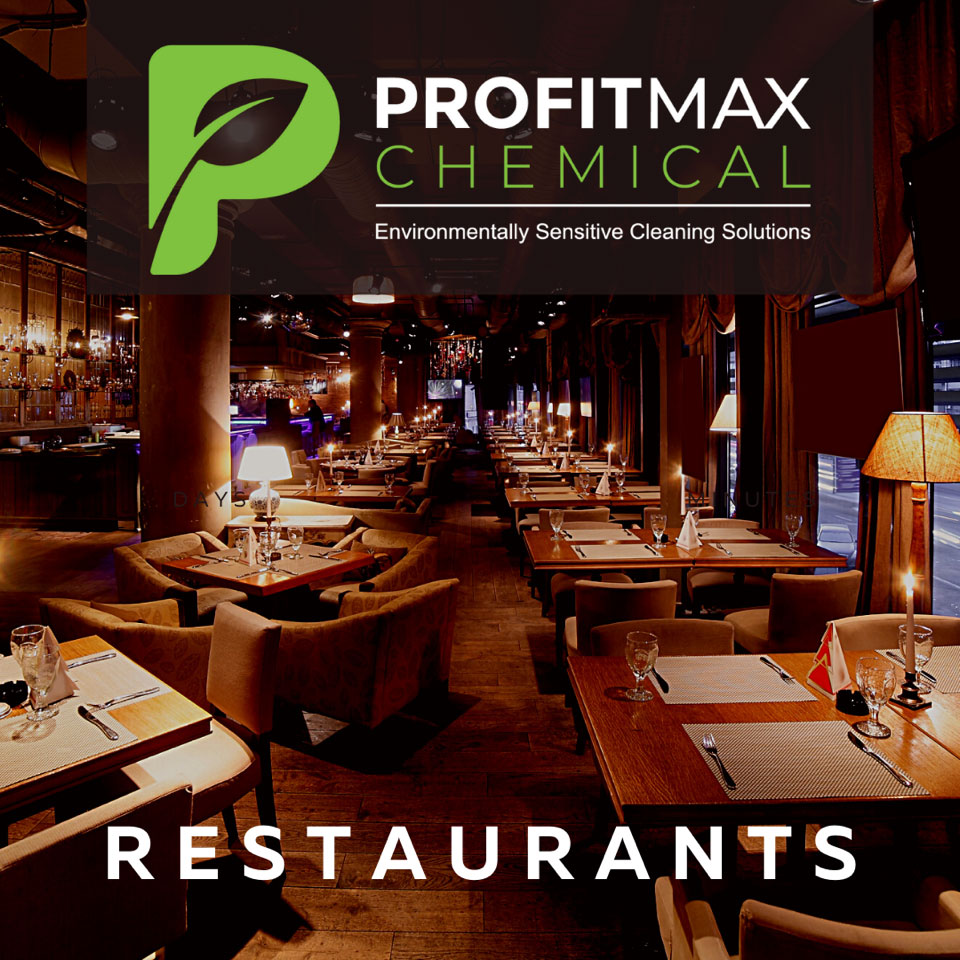 A view of a restaurant with two rows of many tables in the distance all set for dining in an elegant restaurant with lamps on each table, pillars in the middle of the room and comfortable chairs as well as soft lights. At the bottom of the image is the text that reads restaurants. At the top is the profitMax Chemical Logo and the tagline that reads environmentally sensitive cleaning solutions.
