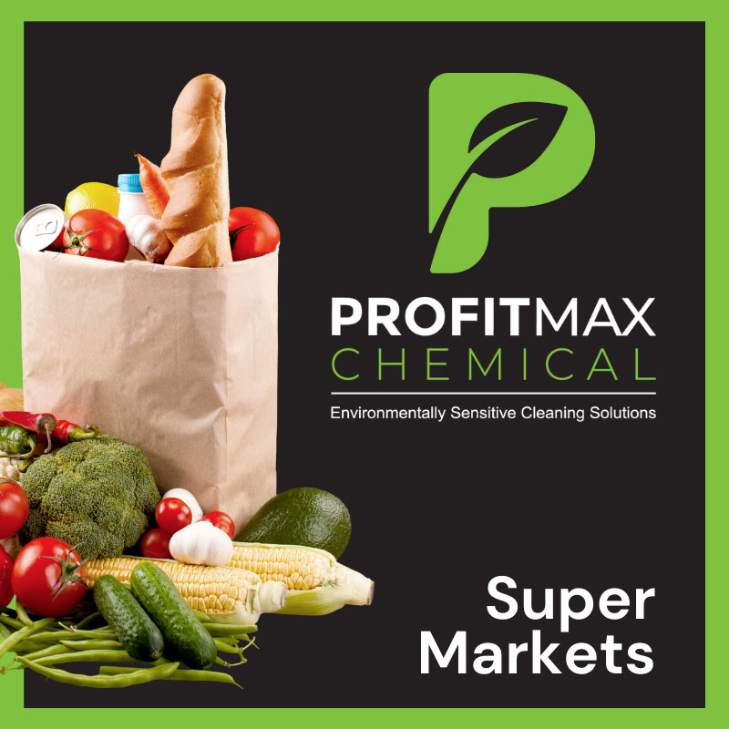 A square image with a green border about it a black background. Inside the border in the lower right corner is the text supermarkets. In the upper right corner is the ProfitMax Logo with the green P and the leaf inside of it with the text below it that reads ProfitMax Chemical and a line underneath that followed by the text Environmentally Sensitive Cleaning Solutions. To the let side is a tan grocery bag filled with a loaf of bread, tomatoes, canned goods and a lemon. At the bottom and outside of the bag are peas, cucumbers, corn, tomatoes, garlic, broccoli, some cherry tomatoes, red peppers, green peppers and an avocado.