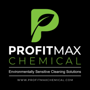 A large vertical ProfitMax Chemical logo on a black background.. The Green P is on the top of the image and beneath it is the text ProfitMax in white with the text Chemical in green beneath that. Under that is a line and the tagline in text in white that reads Environmentally Sensitive Cleaning Solutions. Then a line under the tagline and the text that has the website in white text that reads www.profitmaxchemical.com.
