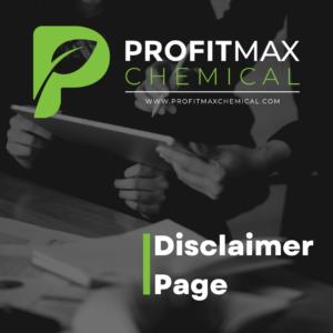This is a black and white image with two hands holding a computer tablet while another two hands are writing on that tablet. Below it is a desk with papers and books on it. At the top center of the image is the profitMax Chemical Logo P, with the text in white that reads ProfitMax and in green beneath it is the word chemical and then a line and underneath is the tagline in white that reads environmentally sensitive cleaning solutions. On the lower right corner is a vertical green line and to the right of that line are the words in white text that read Disclaimer Page. 