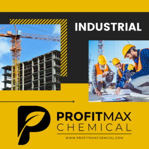 An image with a yellow background and a gray background toward the top. On the bottom is a line from the left side of the graphic and beneath it is a Black ProfitMax Chemical P logo. To the right of that is the text that reads ProfitMax Chemical. Beneath that is a line and then the website in text that reads www.profitmaxchemical.com. In the right upper area is text in white that reads Industrial. Then one picture to the right center that shows three men in orange safety jackets and yellow hard hats looking over construction plans. The picture to the left side is of an orange and yellow crane stretched out over a building that has its foundation and the cement of six floors in view with a clear blue sky above it. 