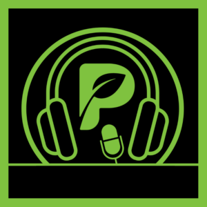 A green circle border that has a green set of headphones inside of it as well as the ProfitMax Chemical Podcast P logo and a small green microphone pointing slightly angled at the P and a green line underneath it. Outside is a green border around the square. 