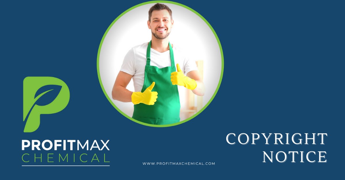 A blue background rectangular shaped featured image photo with the ProfitMax Chemical logo in the lower left corner with the green logo of the P, ProfitMax in a white text, chemical in a green text and a line beneath it. To the right lower side is the website in text as www.profitmaxchemical.com. In the upper right corner is a watermark of the the ProfitMax Chemical logo in black with green lines in front of it. In the middle is a man in a white teeshirt and yellow gloves on, wearing a green smock and his two hands are showing thumbs up as he is smiling. On the lower center is the ProfitMax Chemical tagline in white text, Environmentally Sensitive Cleaning Solutions. On the right side in a lurer white text is Copyright Notice.