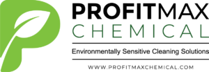 A transparent image of the ProfitMax Chemical logo. The Green P with the leaf in the middle of it. To the right of the P is the text ProfitMax in black. Beneath it is the text Chemical in Green. Then a line beneath that and in text, it reads environmentally sensitive cleaning solutions.