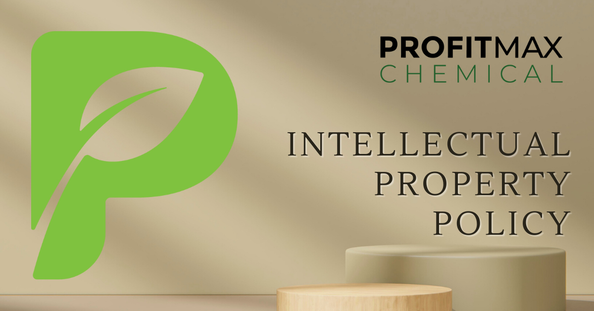 A shaded tan background with two small round stands with nothing on them. On the left side is the Green P logo and in the upper right corner is the text ProfitMax in black and beneath it Chemical in a green font. Then in the middle right side is the larger text that reads Intellectual Property Policy.