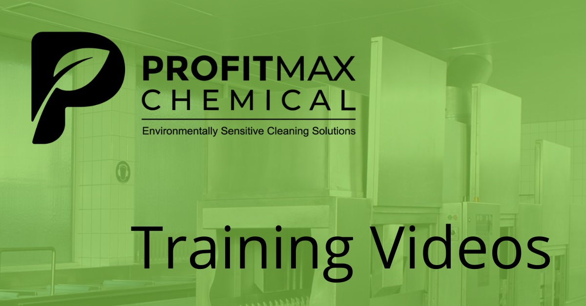 A green image with the a watermark in the background of a series of dishwashers in a large kitchen., In the upper left corner in the ProfitMax Chemical logo with a black P and the text ProfitMax Chemical in black with a line underneath it, then more text that reads Environmentally Sensitive Cleaning Solutions. In the lower right corner is black text that reads Training Videos.