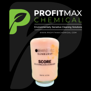 An image graphic of the Score chemical from Sunburst. A black background with a large ProfitMax Chemical P logo as a water mark in the background. On the lower left side in green text reads, Archives Tag. On the top left is the Green ProfitMax Chemical P logo. To the right of the logo is the text that reads ProfitMax in white. Beneath it, is the text that reads chemical in green. Then a line beneath it and under that is text in white that reads Environmentally Sensitive Cleaning Solutions. Then another white line under that and the website in white text that reads www.profitmaxchemical.com. Underneath the ProfitMax website tag is the Score chemical container within an orange jar with a white lid. On that jar is a clear label that has the Sunburst Logo which is a black circle representing the sun with horizontal black lines shooting to the right of it representing the sun’s rays. Underneath that is the word Sunburst in black text. Below that is the word Score with the description, Solid Emulsion Degreaser below in black text. Towards the white lid is the Net Wt, 4.5 lbs. in black text.