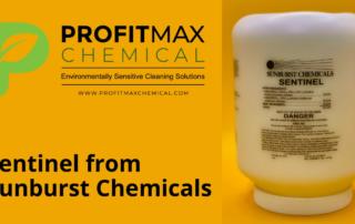 A featured image graphic of the Sentinel chemical that is contained in a white jar with a white lid. The white jar sits in front of a sunset orange background. The white jar is placed on the right wide of the image while on the left side there is additional tags. On the jar there is a clear label that contains the chemicals specified information for usage, ingredients as well as any information a customer would need to know. The clear label presents at the top, the Sunburst Chemical's logo which is a black circle representing the sun which has lines connected to it that are to the right side of it which represents the sun’s rays. Below, in black text says Sunburst Chemicals and below that in black text says Sentinel. Underneath that in black text is all the active ingredients within Sentinel. Below the ingredients it states keep out of Reach of children and below that DANGER. All in black text. Then below that it gives you information on safety protocols if encountering it through your eyes, skin, or clothing, all in black text. The top left corner has the green ProfitMax logo. To the right of that which is centered on the top of the image in black text is ProfitMax. Below, in green text is the word Chemical. Underneath that is a black line that sits on top of Environmentally Sensitive Cleaning Solutions in black text. Below that presents the ProfitMax website tag in black text. In the bottom left corner in black text, it says Sentinel from Sunburst Chemicals.