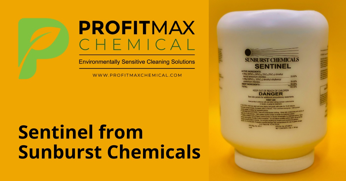 A featured image graphic of the Sentinel chemical that is contained in a white jar with a white lid. The white jar sits in front of a sunset orange background. The white jar is placed on the right wide of the image while on the left side there is additional tags. On the jar there is a clear label that contains the chemicals specified information for usage, ingredients as well as any information a customer would need to know. The clear label presents at the top, the Sunburst Chemical's logo which is a black circle representing the sun which has lines connected to it that are to the right side of it which represents the sun’s rays. Below, in black text says Sunburst Chemicals and below that in black text says Sentinel. Underneath that in black text is all the active ingredients within Sentinel. Below the ingredients it states keep out of Reach of children and below that DANGER. All in black text. Then below that it gives you information on safety protocols if encountering it through your eyes, skin, or clothing, all in black text. The top left corner has the green ProfitMax logo. To the right of that which is centered on the top of the image in black text is ProfitMax. Below, in green text is the word Chemical. Underneath that is a black line that sits on top of Environmentally Sensitive Cleaning Solutions in black text. Below that presents the ProfitMax website tag in black text. In the bottom left corner in black text, it says Sentinel from Sunburst Chemicals.