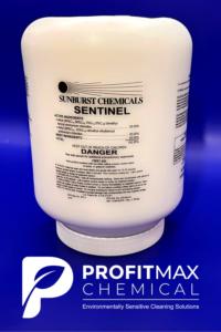 An image graphic of the Sentinel chemical that is contained in a white jar with a white lid. The white jar sits in front of a dark blue background. On the jar there is a clear label that contains the chemicals specified information for usage, ingredients as well as any information a customer would need to know. The clear label presents at the top, the Sunburst Chemical's logo which is a black circle representing the sun which has lines connected to it that are to the right side of it which represents the sun’s rays. Below, in black text says Sunburst Chemicals and below that in black text says Sentinel. Underneath that in black text is all the active ingredients within Sentinel. Below the ingredients it states keep out of Reach of children and below that DANGER. All in black text. Then below that it gives you information on safety protocols if encountering it through your eyes, skin, or clothing, all in black text. Below the jar in the bottom left corner is the ProfitMax P logo in white text. To the right of that which is more in the center of the image says ProfitMax in white text. Below that is says Chemical in white text as well. Lastly, at the bottom of the page it says Environmentally Sensitive Cleaning Solutions.