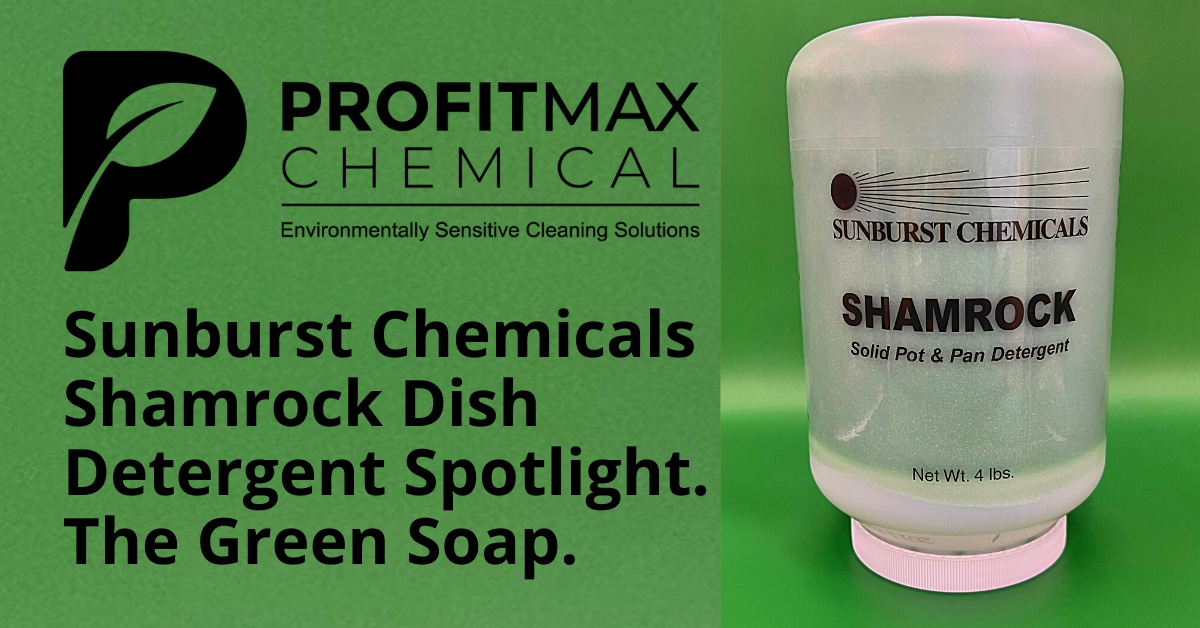 An image graphic of the Shamrock chemical that is contained in a green jar with a white lid. The jar presents black text atop a clear label. The label presents the text in a vertical alignment. The black text attached to the label has the word Sunburst placed on top of the jar with their logo sitting right above that. The Sunburst logo is a black circle representing a sun with black lines representing rays that shoot to the right which covers the word, Sunburst. Below that is the chemical name, Shamrock, that sits right above the description. The description is a Solid Pot & Pan Detergent. Below, is the Net Wt close to the white cap. The text Net Wt in black text is followed by 4 lbs. To the left of the jar at the top left corner of the image is the ProfitMax P logo in black text. To the right, in black text is ProfitMax atop of the word Chemical in black text. Underneath is a black line that has Environmentally Sensitive Cleaning Solutions placed below. At the bottom of the first half of the split page is the words Sunburst Chemicals Shamrock Dish Detergent Spotlight. The Green Soap all in black text. This image graphic is placed in front on front of a slime green background.