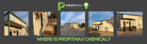 A footer image rectangle shaped graphic with five different images of the ProfitMax Chemical from a few different angles. On the top of the image, a dark image border with the ProfitMax Chemical P logo and the words ProfitMax Chemical as well as a green map pin. On the bottom the same dark border as above with words in green that reads: Where is ProfitMax Chemical?