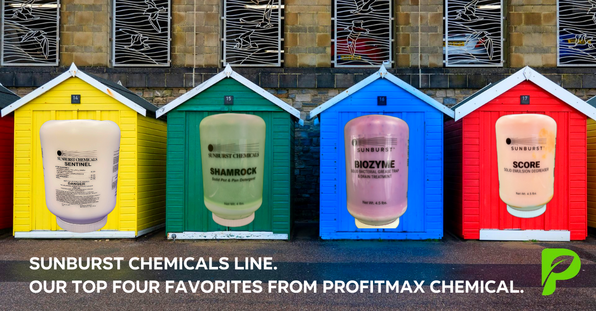 A graphic image for ProfitMax chemical. Our top four favorites from ProfitMax Chemical. The front barn like building is Yellow and it contains the product Sentinel. Sentinel chemical that is contained in a white jar with a white lid. The white jar sits in front of a dark blue background. On the jar there is a clear label that contains the chemicals specified information for usage, ingredients as well as any information a customer would need to know. The clear label presents at the top, the Sunburst Chemical's logo which is a black circle representing the sun which has lines connected to it that are to the right side of it which represents the sun’s rays. Below, in black text says Sunburst Chemicals and below that in black text says Sentinel. Underneath that in black text is all the active ingredients within Sentinel. Next, in a green building is Shamrock, Shamrock chemical that is contained in a green jar with a white lid. The jar presents black text atop a clear label. The label presents the text in a vertical alignment. The black text attached to the label has the word Sunburst placed on top of the jar with their logo sitting right above that. The Sunburst logo is a black circle representing a sun with black lines representing rays that shoot to the right which covers the word, Sunburst. Below that is the chemical name, Shamrock, that sits right above the description. The description is a Solid Pot & Pan Detergent. Next is Biozyme in a blue building. Biozyme chemical that is contained in a purple jar with a white lid. The jar presents black text atop a clear label. The label presents the text in a vertical alignment. The black text attached to the label has the word Sunburst placed on top of the jar with the logo sitting right above that. The Sunburst logo is a black circle representing a sun with black lines representing rays that shoot to the right which covers the word, Sunburst. Below that is the chemical name, Biozyme, which sits right above the description. The description is a Solid Bacterial Grease Trap & Drain Treatment. Lastly in an orange building is Score, Score chemical that is contained in an orange jar with a white lid. The white jar sits in front of a dark purple background. On the jar there is a clear label that contains the chemicals specified information for usage, ingredients as well as any information a customer would need to know. The clear label presents at the top, the Sunburst Chemical's logo which is a black circle representing the sun which has lines connected to it that are to the right side of it which represents the sun’s rays. Below, in black text says Sunburst and below that in black text says Score. The description of the chemical in black text is a Solid Emulsion Degreaser written in black text. Underneath the buildings in white text reads Sunburst Chemicals Line. Our top four favorites from ProfitMax Chemical. In the bottom left corner is the ProfitMax P logo in green text.