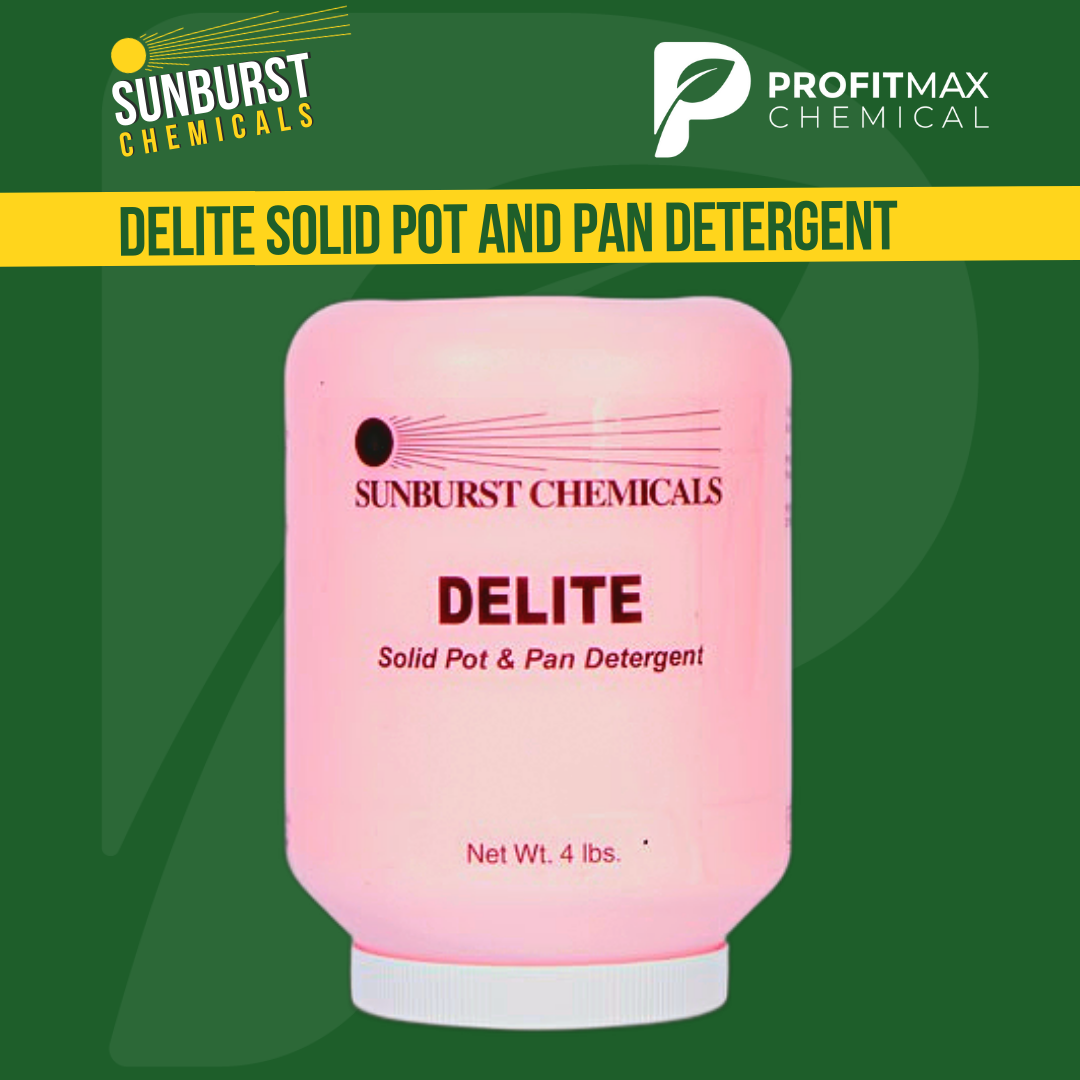 An image of Delite Dish Detergent. Delite is in a pink jar with a white lid. On the jar has black text that says Delite in the center in black text and below that says Solid Pot and Pan Detergent. Above that is the sunburst chemcials logo in black text with the name Sunbrst chemicals logo right below that. This graphic image is placed on a green background with the ProfitMax P log as a watermark. In the top left corner of the image is the sunburst chemcials logo with the word sunburst in white text and chyemicals in yellow text below it. In the top right of the graphic image is the ProfitMax P logo with the word profitmax and chemical in white text to the right. Below oth those company names and logos is a yellow strip above the Delite jar that says Delite Solid Pot and Pan Detergent in green text.
