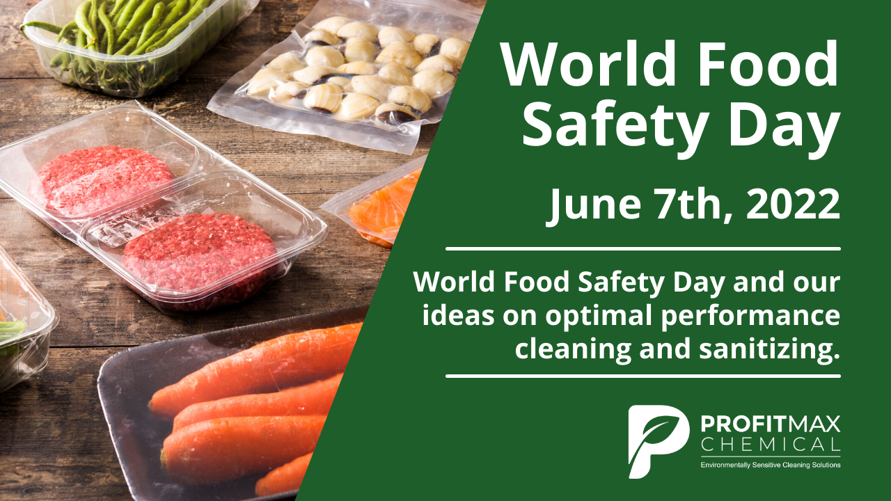 World Food Safety Day Blog Header for Profitmax Chemical with prepared foods that are packaged to the left of the photo with the text in white ov er green to the right side that reads World Food Safety Day, June 7th, 2022. World Food Safety Day and our ideas on optimal performance cleaning and sanitizing. and the ProfitMax Chemical beneath it.