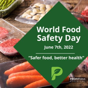An image with the background of food prepared on a wooden table. A green rectangle off kilter with white lettering on top that reads World Food Safety Day, June 7th, 2022, then a line under that and the ProfitMax Chemical green P logo and above it in quotes, Safer Food, Better Health. 